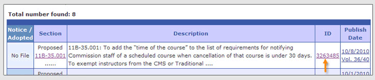 The notice ID is found in the fourth column, labeled 'ID'. The notice ID is found in the fourth column, labeled 'ID'.