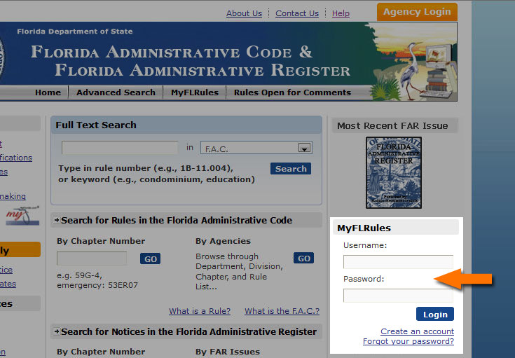 The login for MyFLRules is found on the right side of the home page.
