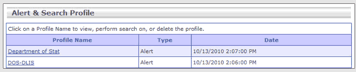 The Alert and Search Profile table has three columns: Profile name, Type and Date. Click a profile name to view, perform a search on, or delete the profile.