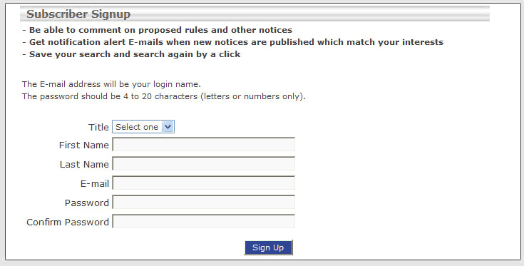 subscriber signup form shows that the form has five fields: title, first name, last name, e-mail, and password. And a Sign Up button.